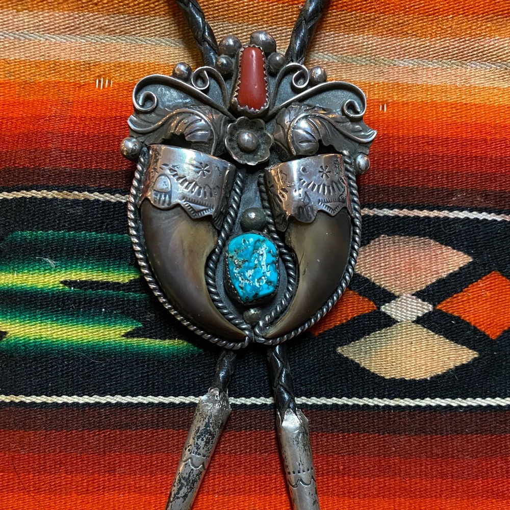 Native American Vintage turquoise and coral bolo tie